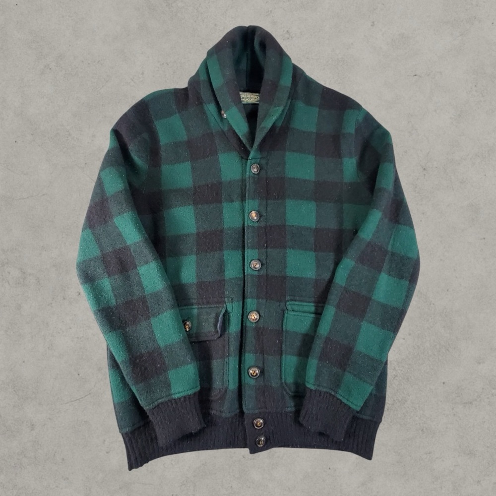 Polo‎ Country Ralph Lauren Cardigan Sweater Mens Medium Green Black Plaid Shawl